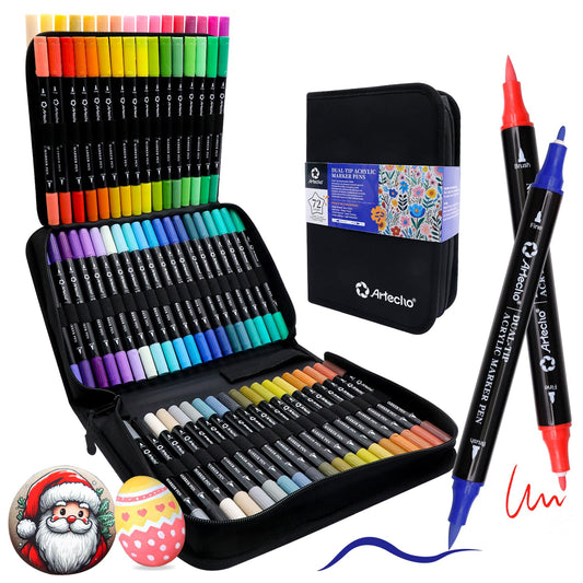 Artecho Acrylic Paint Markers 72 Colors with Bag, Acrylic Paint Pens with Brush Tip and Fine Tip for Stone, Rock Painting, Paper, Pumpkin, Wood, Egg, Canvas, Ceramic, Fabric, leather, Glass