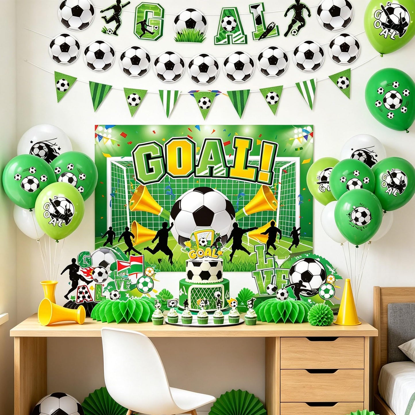 42 Pcs Soccer Party Decorations 2026- Football Watch Party Decorations Soccer Fan Celebration Kit with Backdrop, Banner, Balloons, Honeycomb Centerpieces & Cupcake Toppers for Global Soccer Event