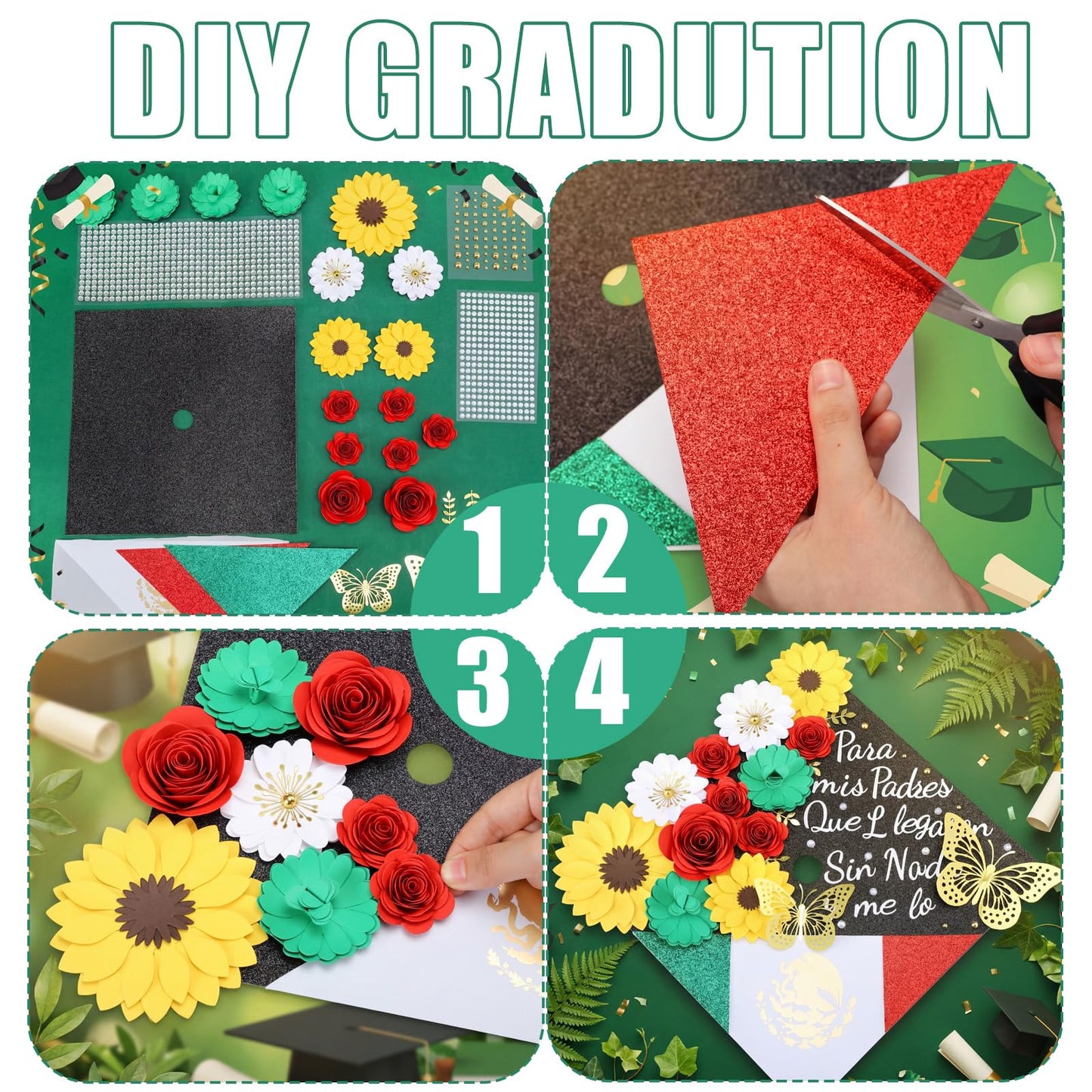 Gersoniel 44 Pcs DIY Graduation Cap Decorations Kit 2026 Mexican Graduation Stole Sash Flower Heads 3D Butterfly Stickers Glitter Rhinestones Pearl Stickers Alphabet Letter Number Grad Cap Topper Gift
