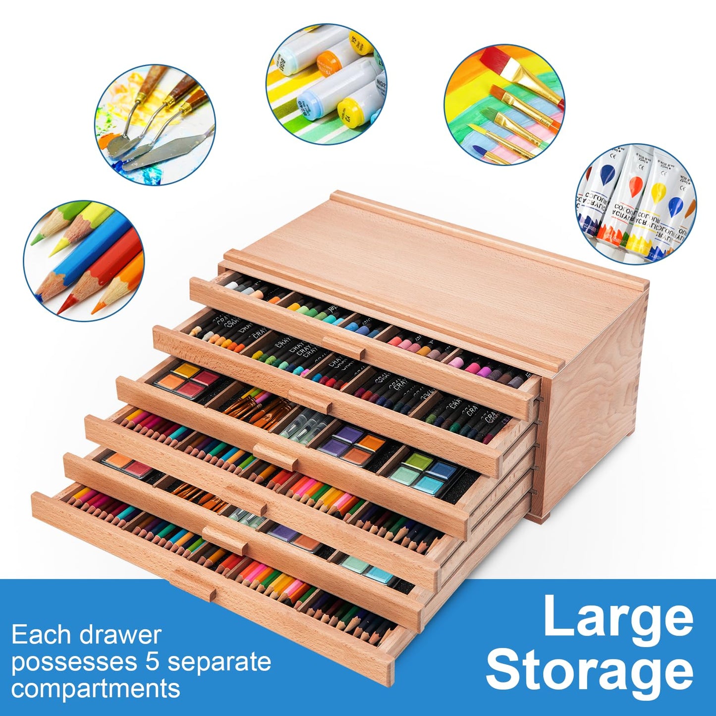 Falling in Art 6 Drawer Artist Supply Storage Box, Wooden Pastel Storage Box, Portable Organizer Box for Pastels, Pencils, Markers, Brushes and Art Supplies
