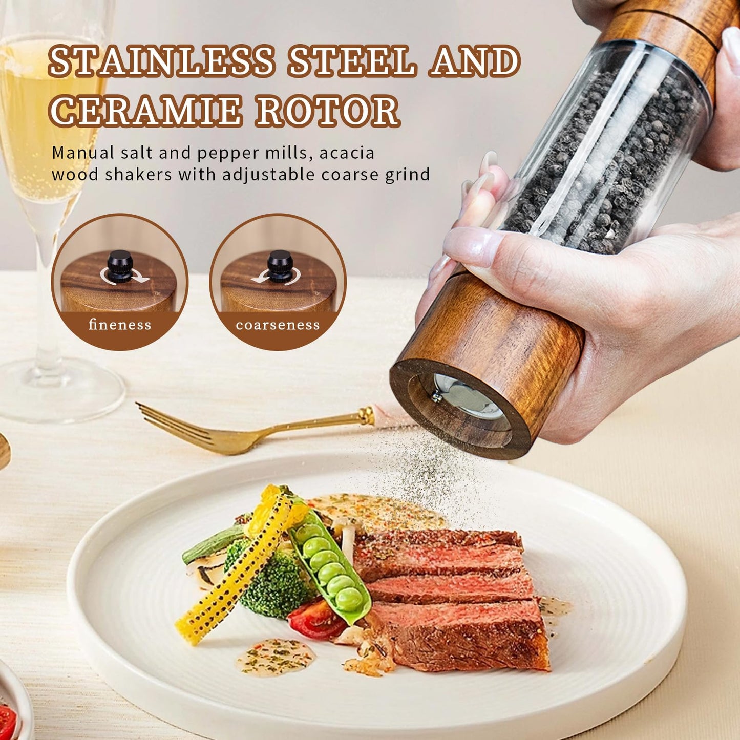 XWXO Acacia Wood Salt Grinder and Pepper Grinder Set Premium Acrylic Salt and Pepper Mill Set, Manual Salt and Pepper Mills- Wooden Shakers with Adjustable Ceramic Core 8 Inches 2 Pack
