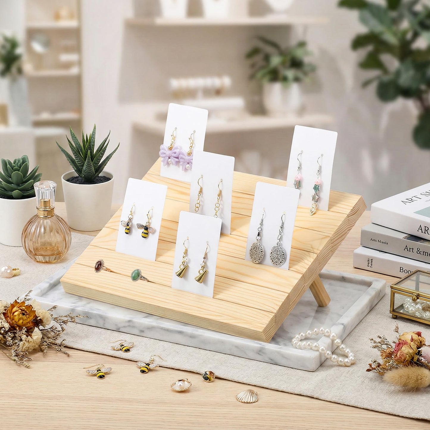 Yuanan 62 PCS Wooden Earring Holder, 6 Slot Wood Earring Display Stand with Cards Portable Earrings Stand Jewelry Stands for Selling Jewelry Retail Displays for Small Jewelrys Ring Earrings Cards