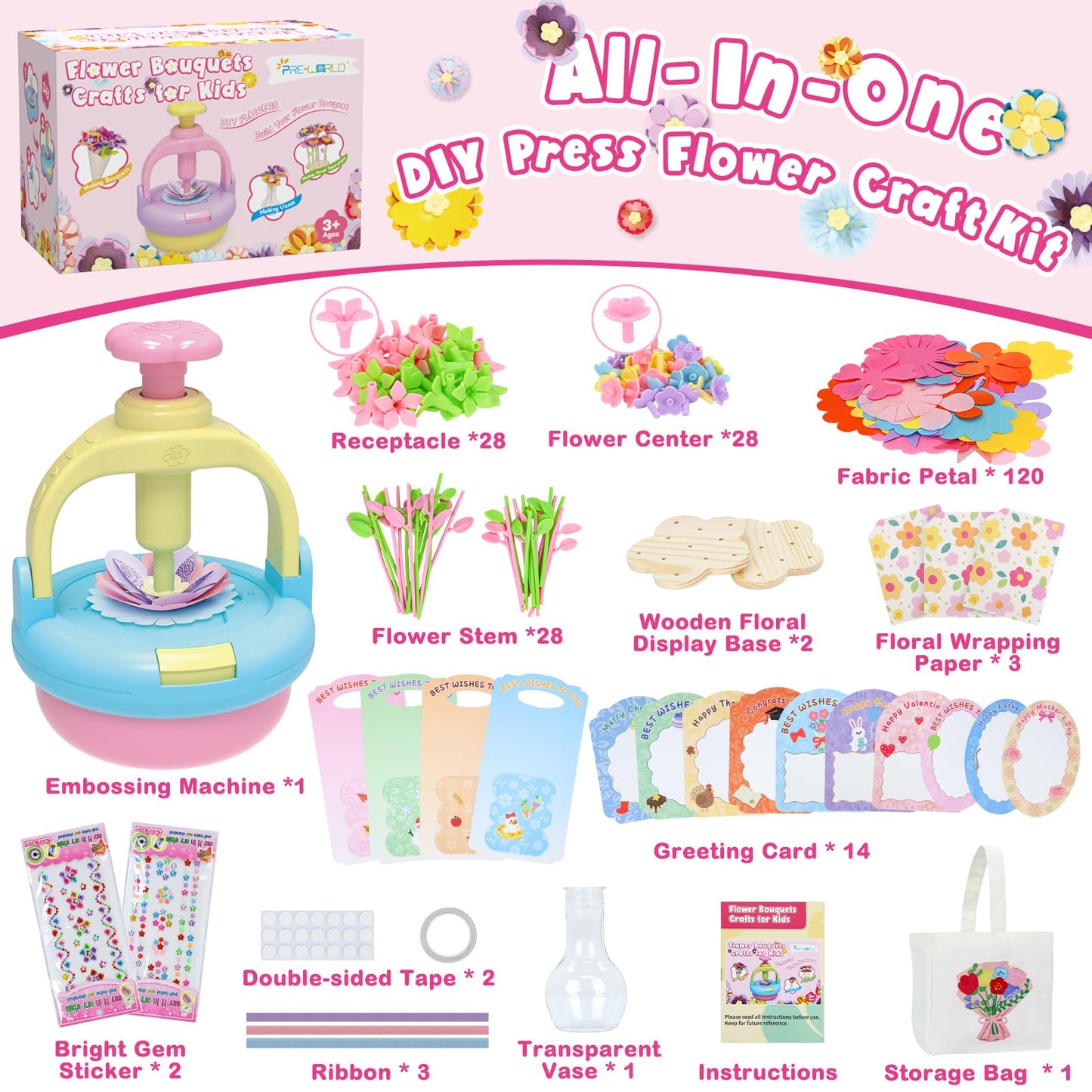 Flowers Craft Kit for Girls Ages 3-12, DIY Flower Bouquet Maker Machine with 120 Fabric Petals, 14 Greeting Cards, Gift Wrap, Vase & Storage Bag, Creative Floral Arts and Crafts Toy for Kids
