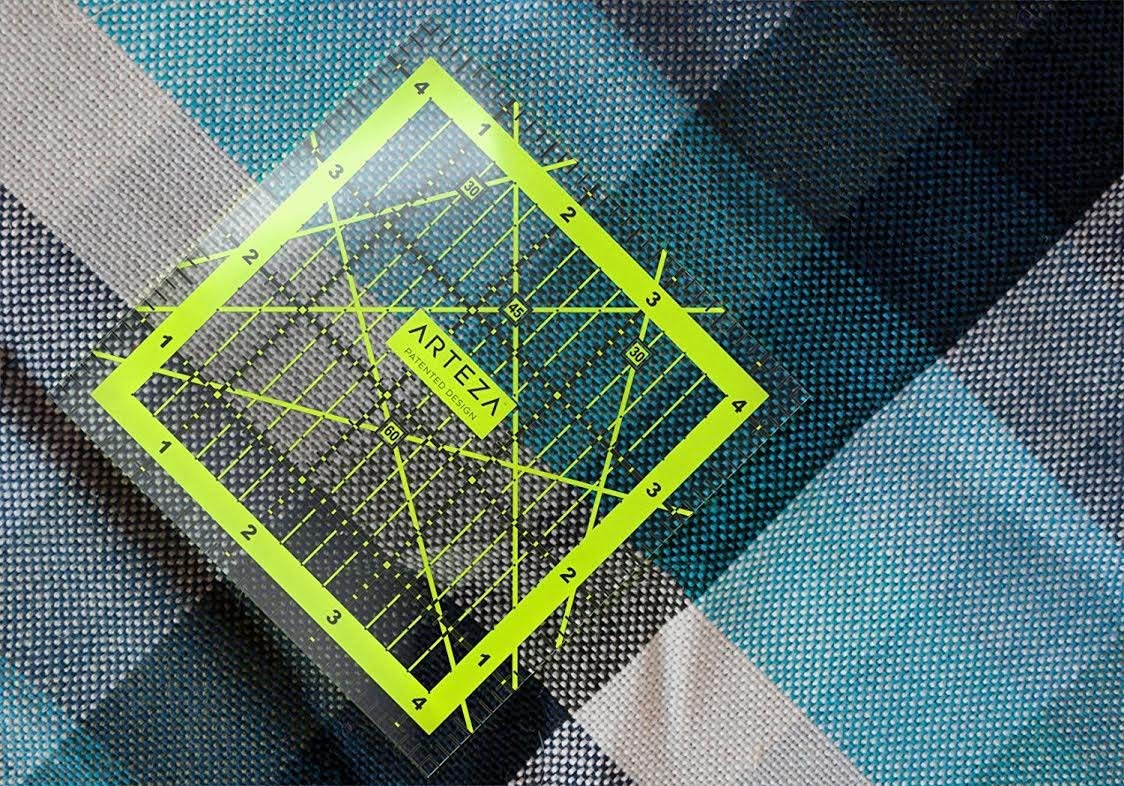 ARTEZA Quilting Rulers Set of 4, Acrylic Square Quilting Rulers for Sewing and Fabric Cutting, 4.5 x 4.5, 6 x 6, 9.5 x 9.5, 12.5 x 12.5 Inch, Dual-Color Grid, 30/45/60 Degree, 48 Non-Slip Rings