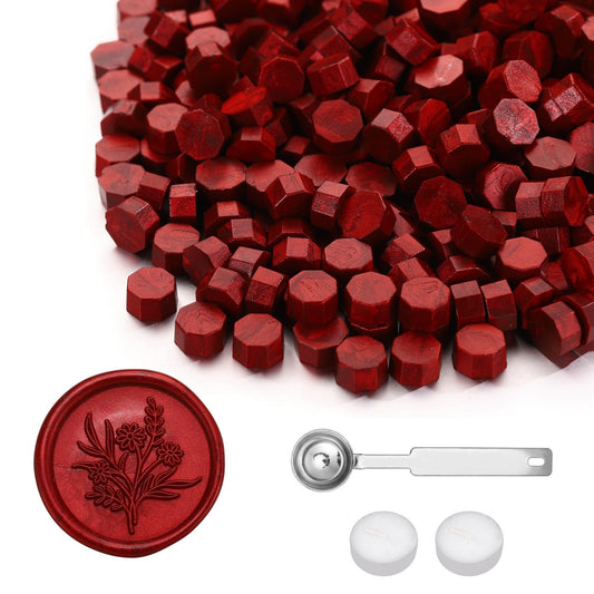 Yoption 360Pcs Blood Red Sealing Wax Beads with 2 Spoons and 4 Tea Candles for Wax Seal Stamps, Cards, Wedding Invitations, Wine Packaging, Gift Wrap, Envelopes