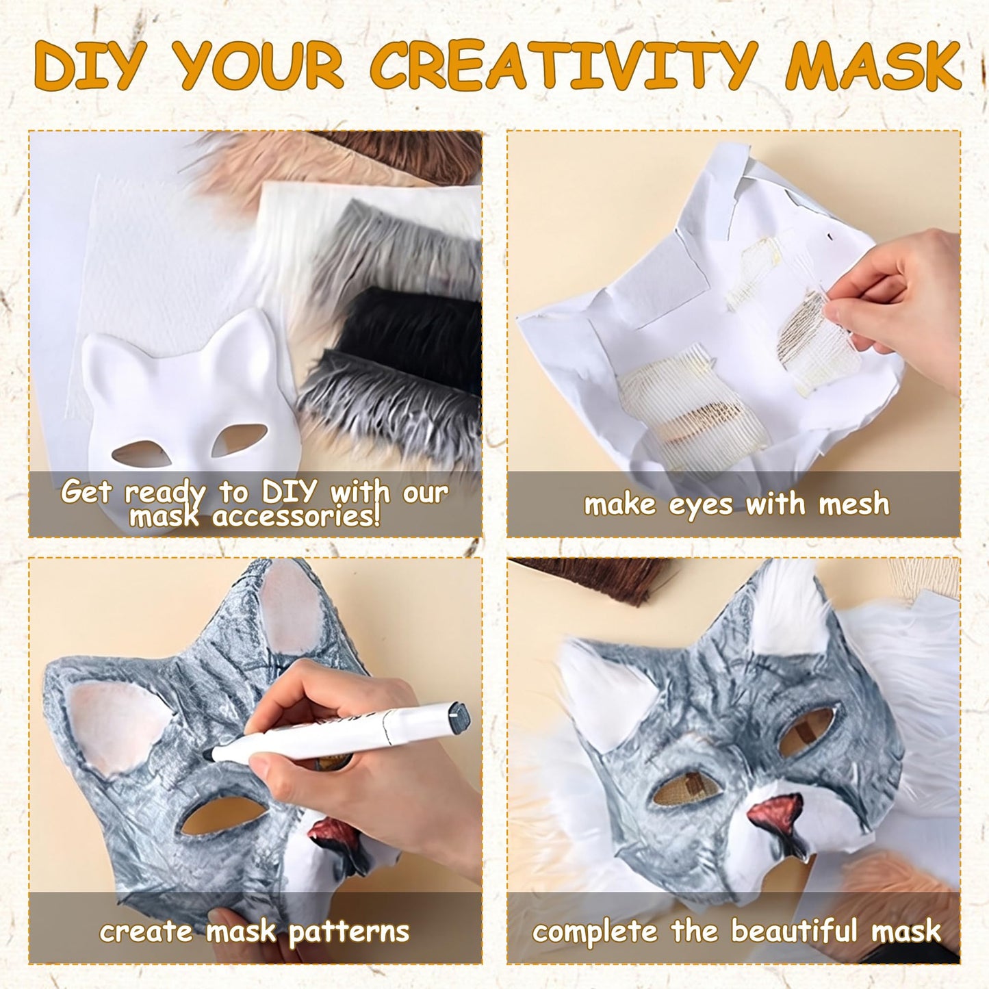 Vivrerizo Cat Therian Mask Kit - 4 Pcs Animal Mask Base with Tooth Nose and Sticker Painted DIY for Furry Masquerade Cosplay Props Costume Party Halloween Therian Accessories