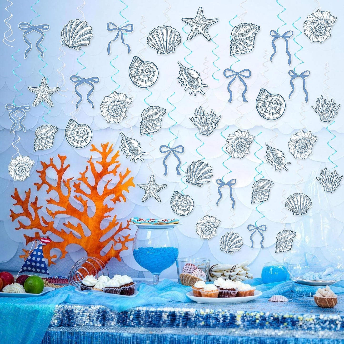 60PCS Blue Bow Starfish Seashell Hanging Swirls Beach Party Decoration Coastal Hanging Streamers for Summer Mermaid Birthday Under the Sea Party Bachelorette Wedding Favors