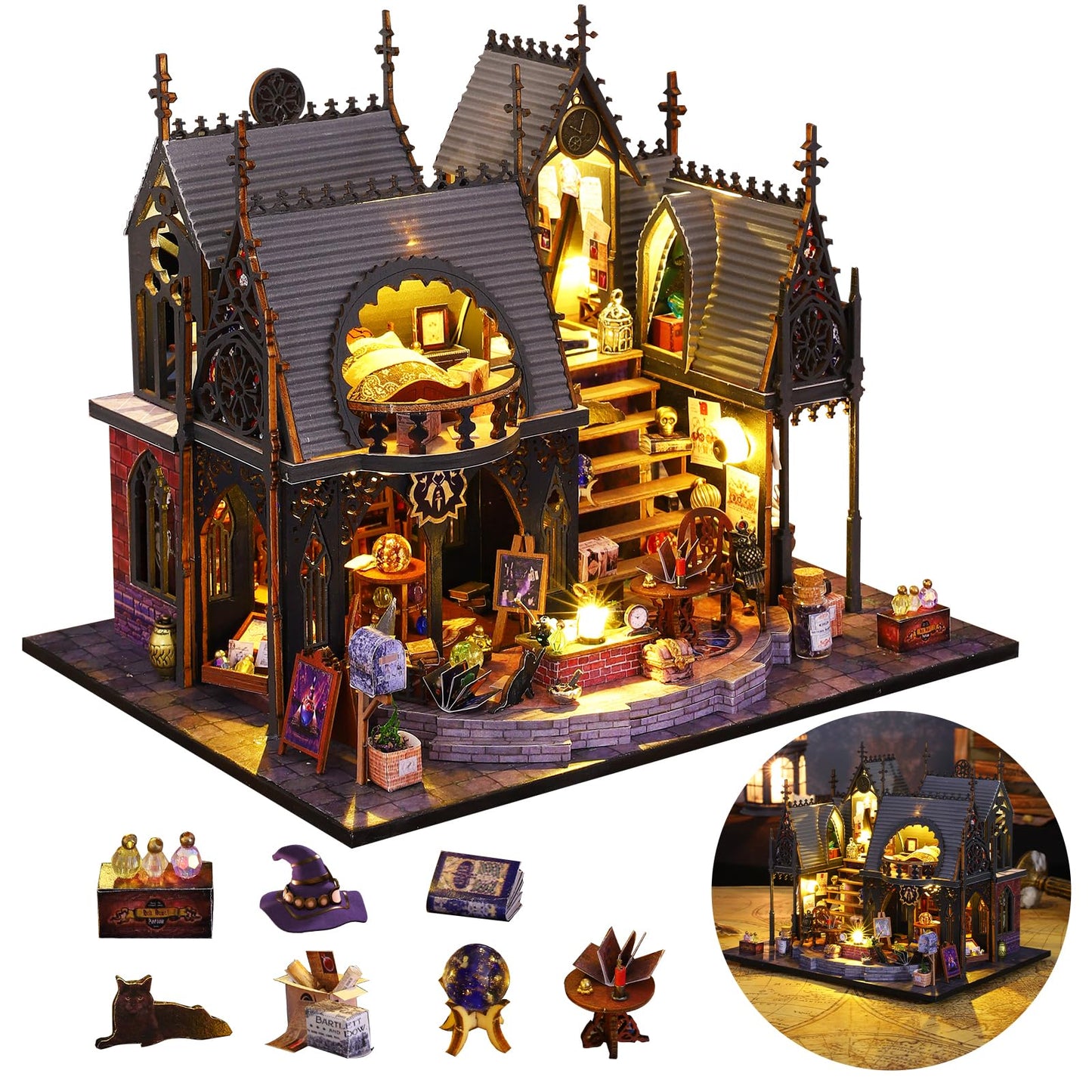 FLYINTOYS DIY Miniature House Kit with LED Light, Mini House Building Kit with Furniture, 3D Wooden Puzzles Dollhouse Bookshelf Insert Decor Kit for Family and Friends (Luna's Magic House)