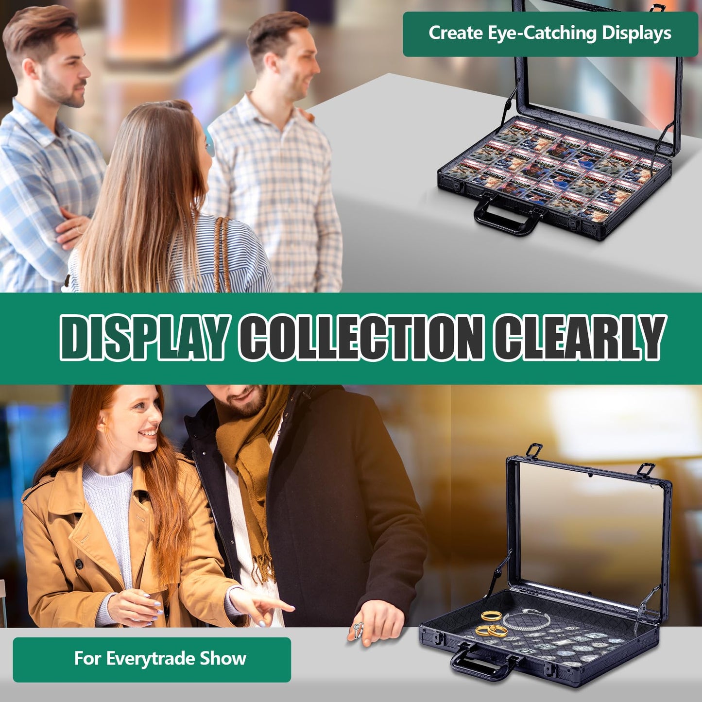 Memorywuu Trade Show Display Case, 16"x12" Aluminum Locking Tabletop Showcase for Trading Cards, Sports Cards, Jewelry, Lightweight Portable for Exhibitions, Collectibles(Black, Classic)