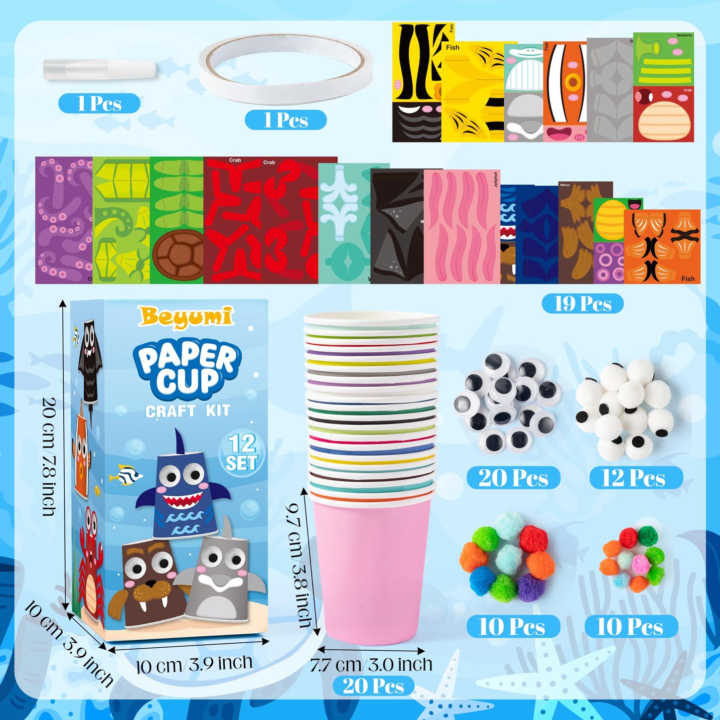 BeYumi Ocean Animals Craft Kit - 12Pcs Summer Arts and Crafts for Kids Toddler Paper Cup Craft Kit with 12 Cartoon Animal Projects DIY Gift for Birthday Party Preschool Classroom Fun Activity Ages 3-6