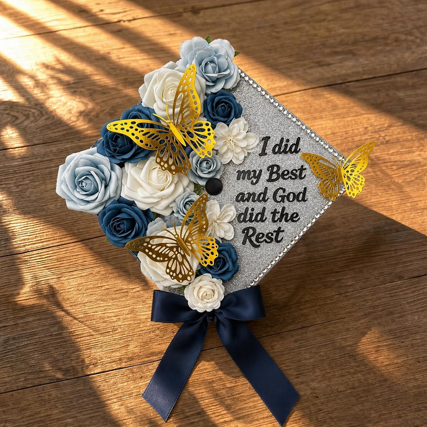 YIXAXKAO DIY Graduation Cap Decorations Kit Graduation Cap Topper Included Faux Rose Flower Heads 3D Butterfly Glitter Letter Stickers Grad Cap Decorations with Graduation Bow (Silver)