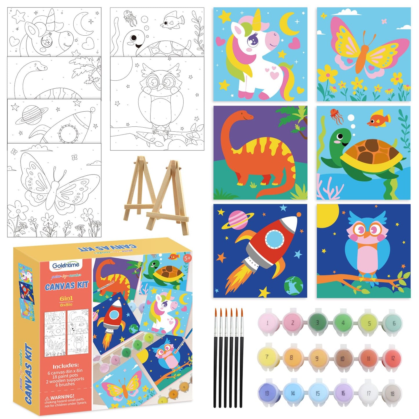 goldentime 6 Pack 8x8inch Paint by Numbers Kit for Kids, Predrawn Canvas for Painting with Unicorn, Butterfly & More, Includes 18 Acrylic Paints, 6 Brushes & Easels, Easy Art Supplies for Kids 4-8-12
