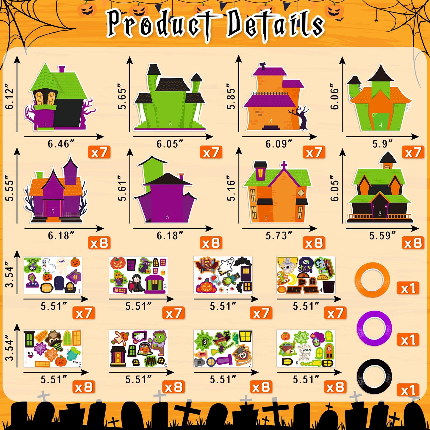 Moon Boat 60pcs Halloween Crafts for Kids – Haunted House DIY Kit, Make Your Own Scene with Pumpkins Stickers Bulk for Classroom Activities, Party Favors, Games