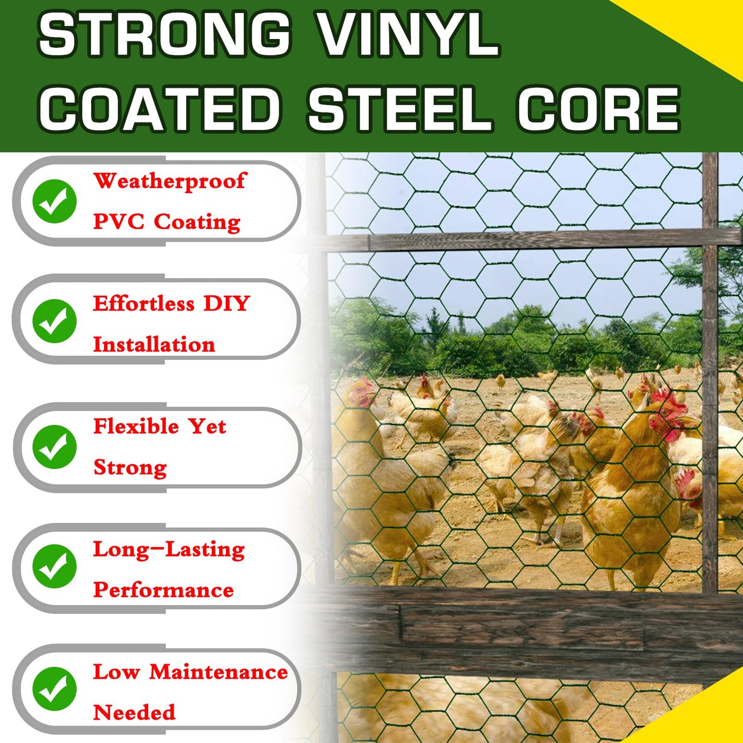 Yardbliss Chicken Wire12inx150ft, Premium Chicken Wire Fencing, Chicken Wire Mesh, Green PVC Coated Metal Wire Fence, Galvanized Poultry Netting Barrier for Floral Arrangements/Craft Projects//Rabbit
