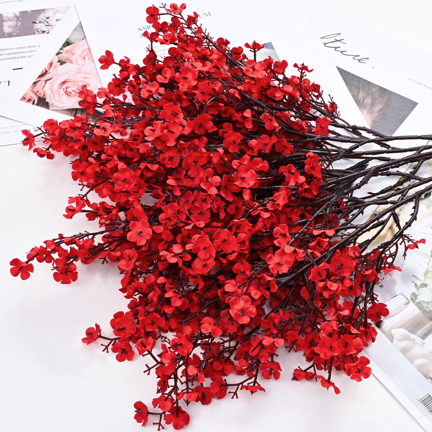 Yastouay Red Fake Flowers, 15Pcs Real Touch Silk Flowers Faux Artificial Flowers for Decorations, Babys Breath Artificial Flowers Bulk for Spring Decor Floral Arrangement