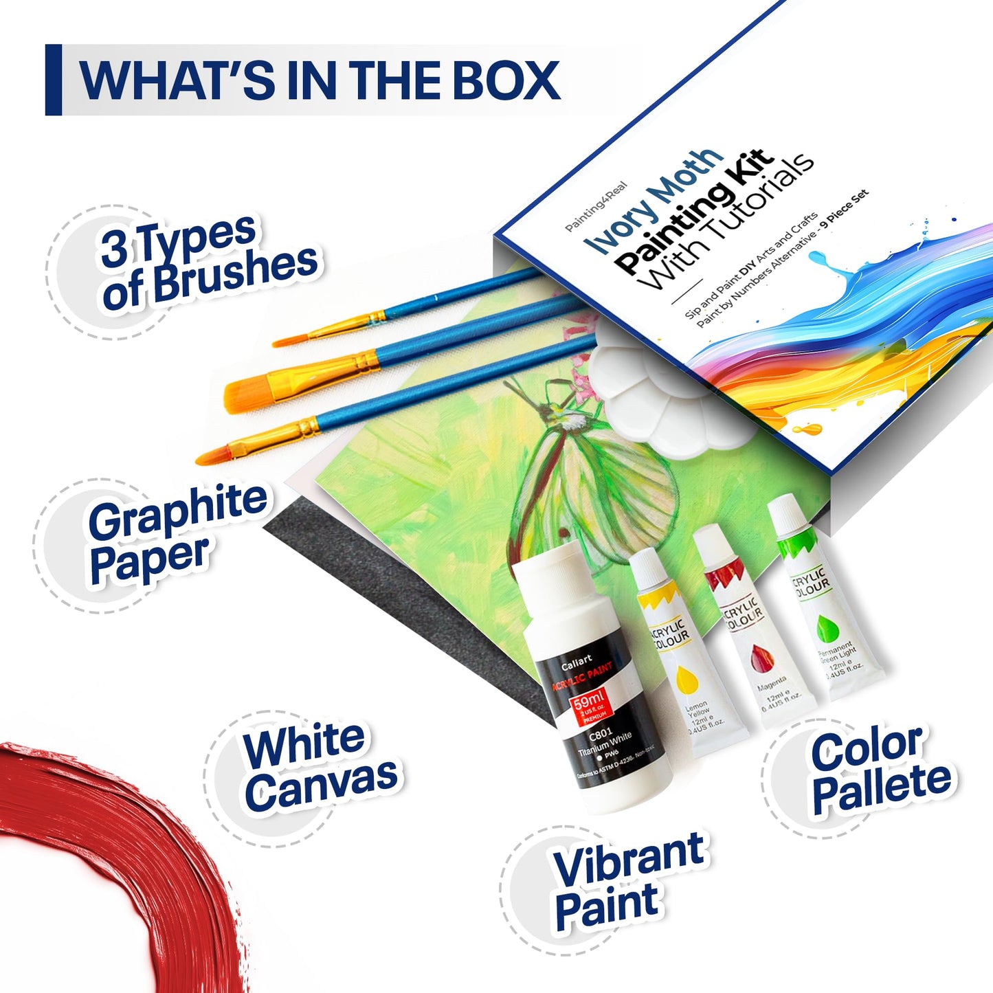 Painting4Real DIY Painting Class Kits for Adults with Video Tutorials, Learn to Paint Moth, How to Paint with Acrylic Paint Sets for Adult, 9 Peices Art Set & Painting Supplies Gifts for Mom