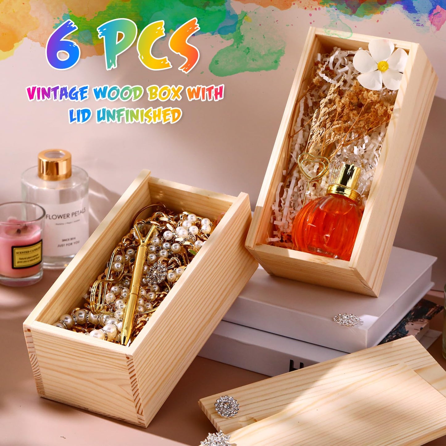 Suzile 6 Pcs Unfinished Wood Boxes with Slide Lid, 7.87 x 3.94 x 3.15 Inches Rectangle Wooden Small Gift Box for Craft DIY Jewelry Bead Organizer(Wood Color)