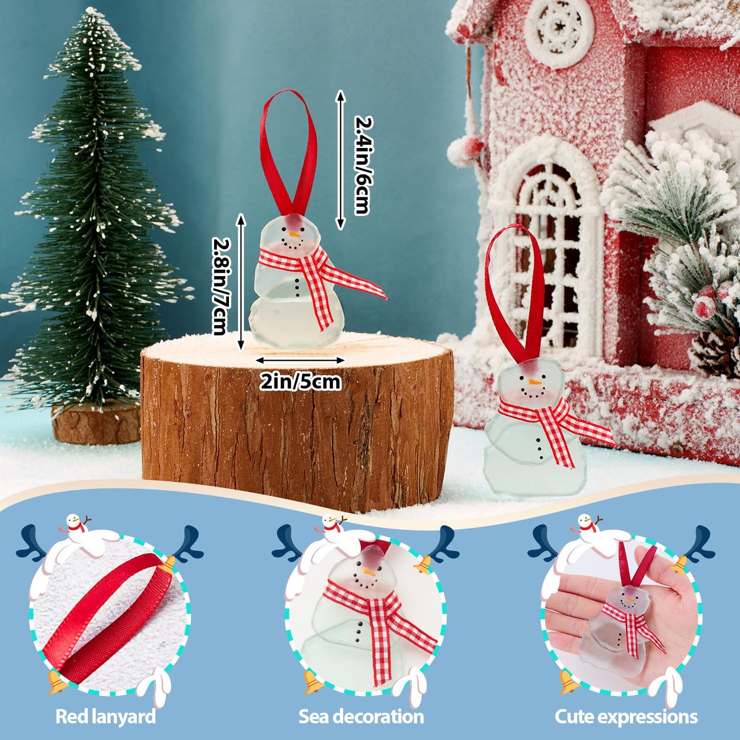 Bucherry 3 Pcs Sea Glass Christmas Snowman Ornaments Sea Crystal Glass Decor Crafts Christmas Tree Hanging Ornament for Beach Ocean Gift Party Table Decoration (White)