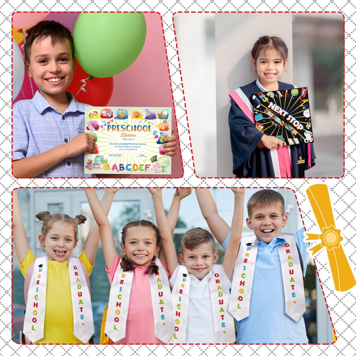 JaGely 3 Pcs Preschool Grade Graduation Set Graduation Cap with 2026 Tassel Graduation Stole Sash with Diploma Certificates Set for Students Supplies Teachers Parents Graduation Gifts