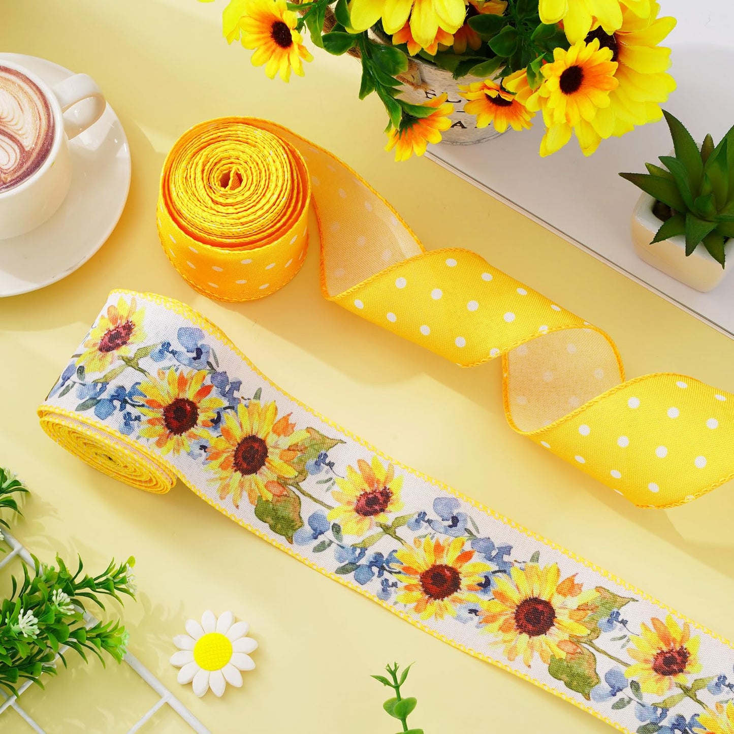Sunflower Dot Wired Edge Ribbons Spring Summer Floral Gift Wrap Ribbon Yellow White Flower Craft Ribbon for DIY Crafts Wreath Bow Making Wrapping Party Decor Supplies, 2 Rolls, 20 Yard