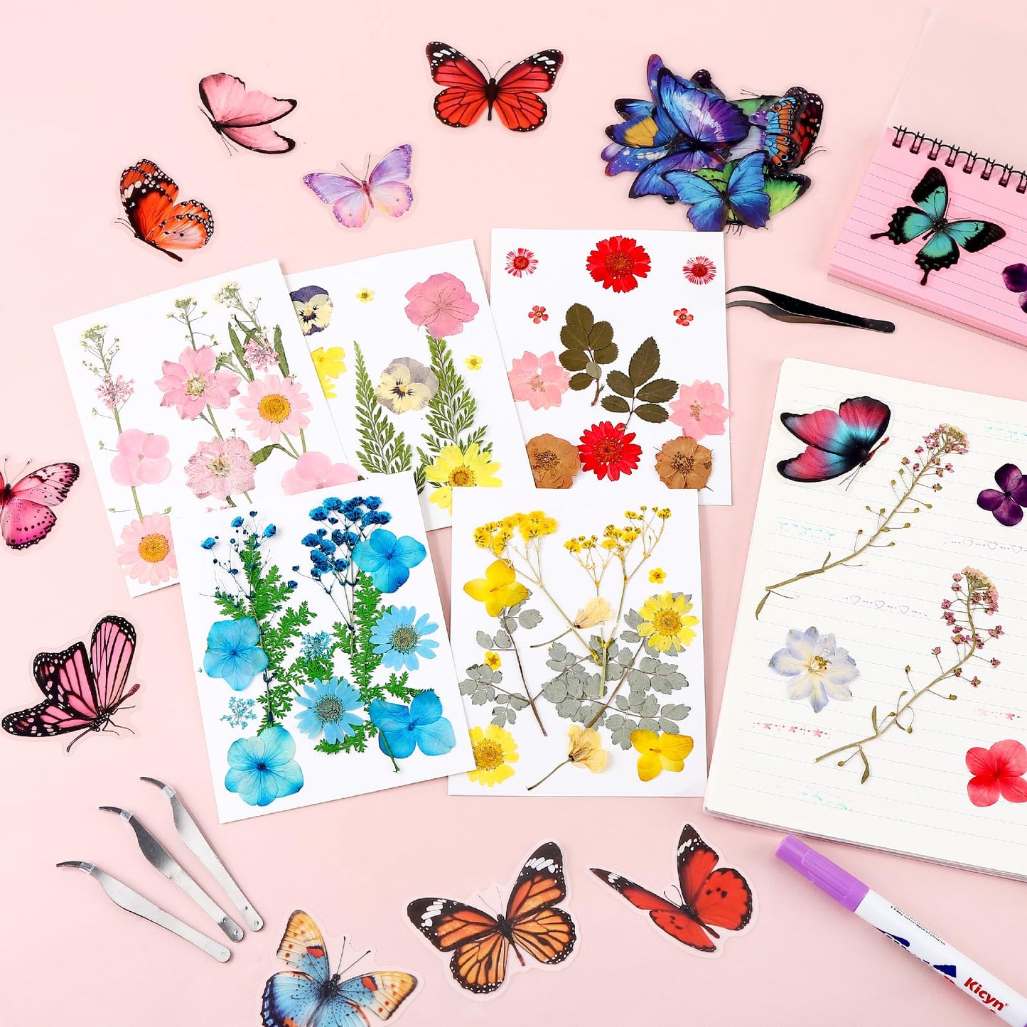Ovveroche 72 PCS Dried Pressed Flowers 52 Butterflies Stickers 6 Stainless Steel Tweezers Bulk DIY Craft Kit for Resin Jewelry Soap Candle Making Scrapbooking Bookmark Nail Decor