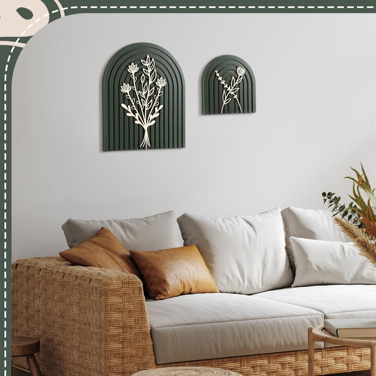 Cinnvoice Set of 2 Wood Rainbow Arches Boho Decor Boho Rainbow Arch Rustic Farmhouse Art for Shelves Farmhouse Wall Decor Floral Mid Century Home Wall Art for Living Room Kitchen Bedroom(Green,Gold)