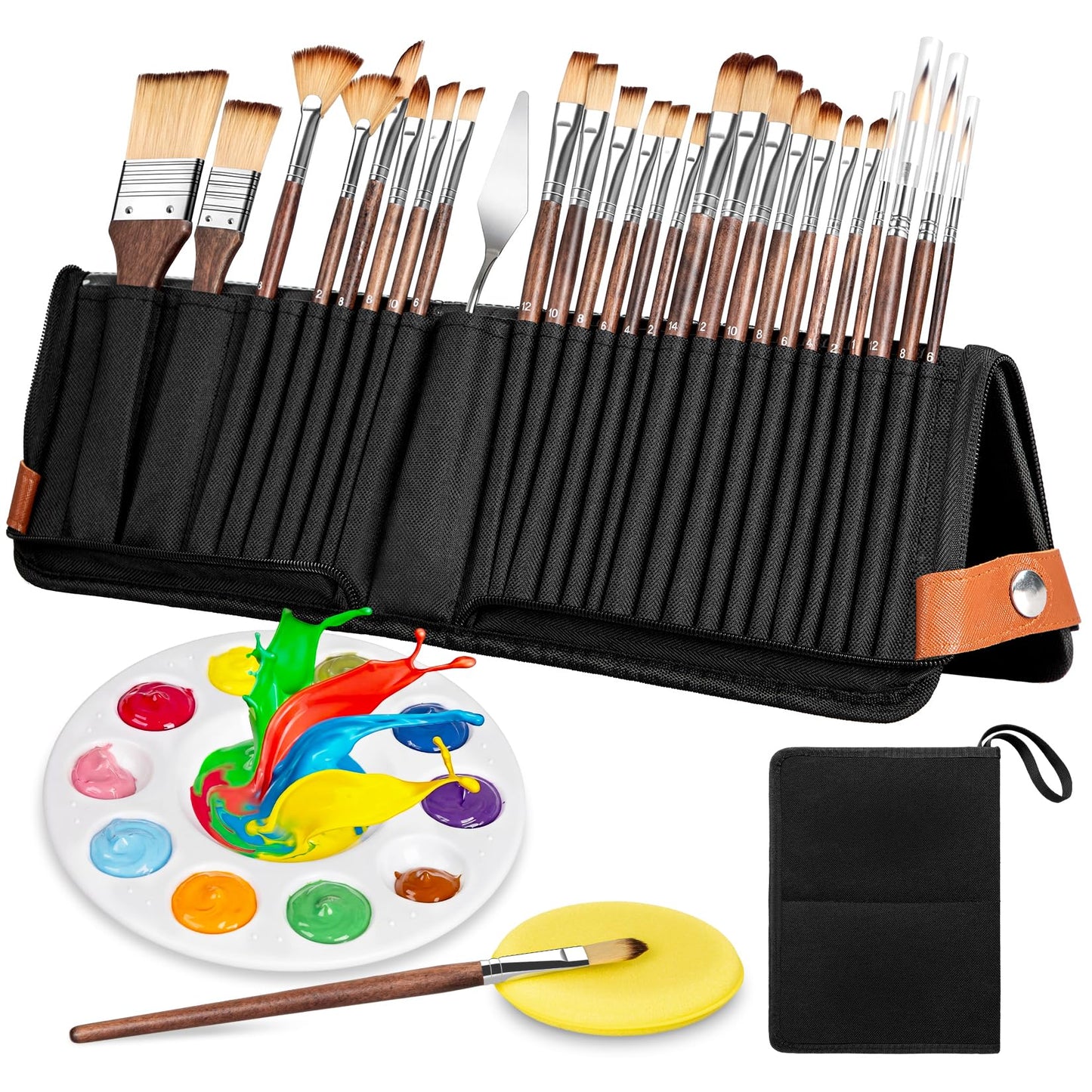 TOOGE 26pcs Acrylic Paint Brush Set: Travel Watercolor Oil Paint Brushes Case Professional Blending Brush Holders and Organizer for Artists Gouache Face Painting with Paint Palette Knife Filbert Brush
