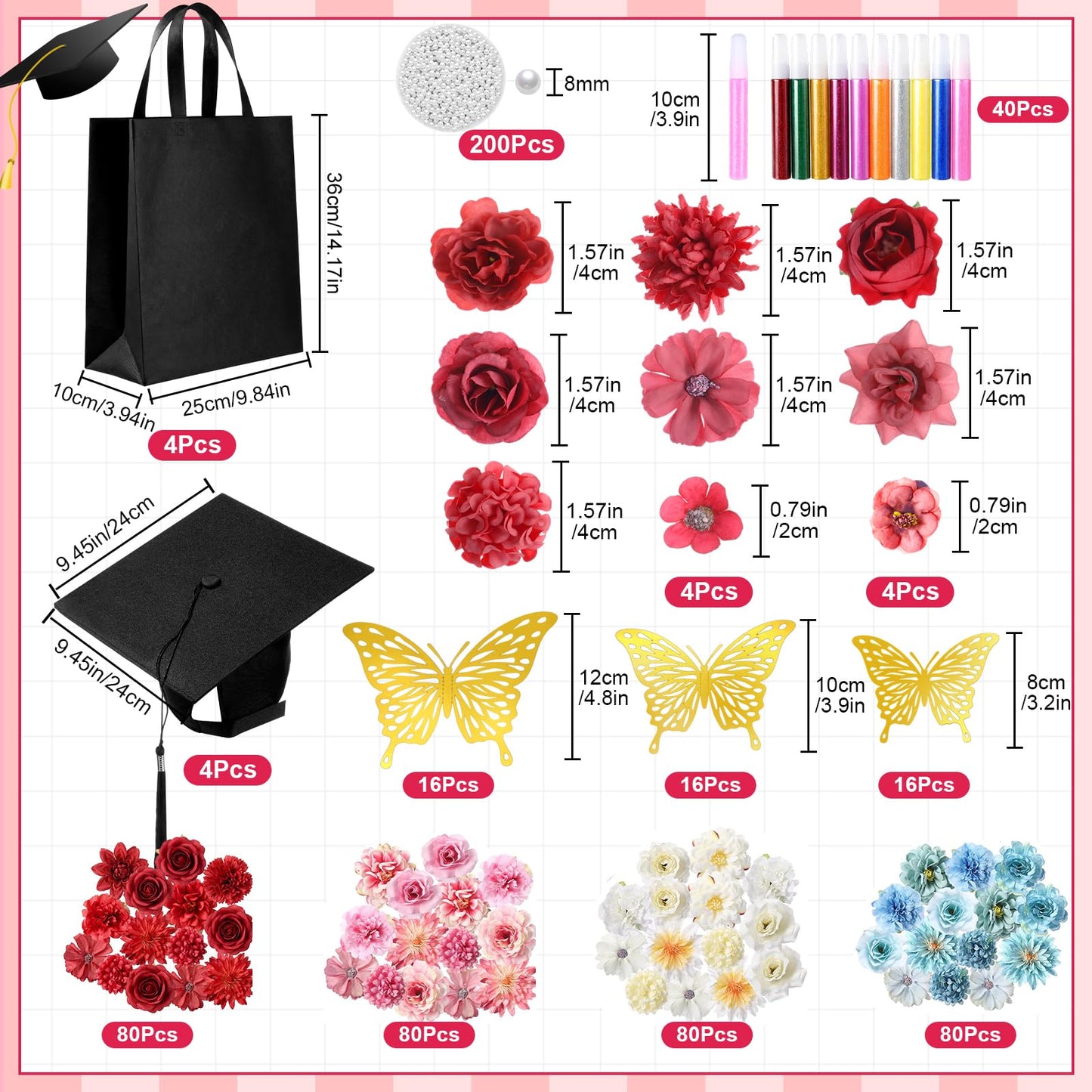 Gersoniel 180 Pcs Graduation Cap Decorations Kit 4 Adjustable Grad Cap, Faux Flower Heads 3D Butterfly Pearl Beads Glitter Glue Totes Bag for 2026 Graduation Dress Grad Hats Topper Party Craft DIY
