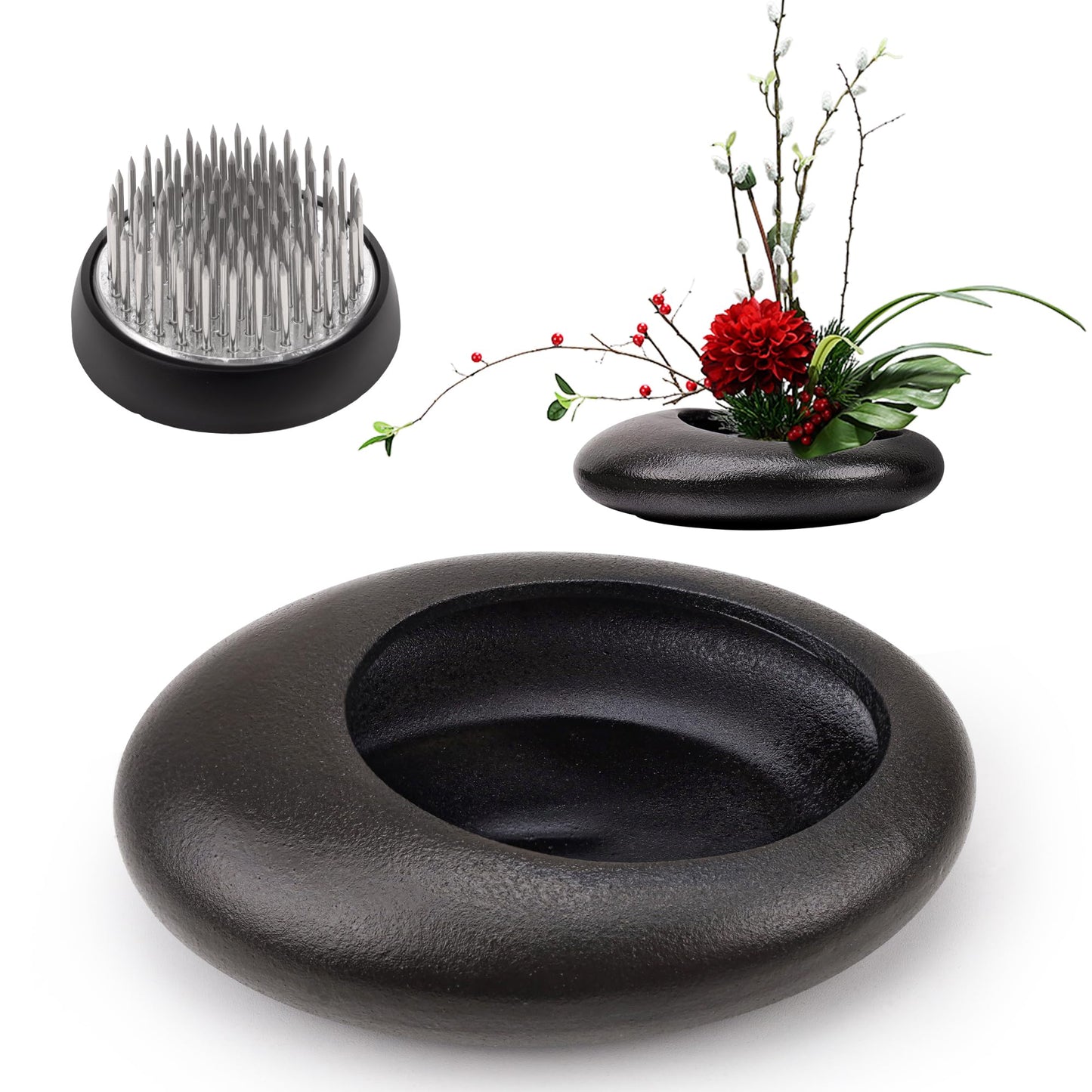 Folmywy Ikebana Flower Frog Vase Kit Japanese Flower Arrangement with 1.57 Inch Kenzan Ceramic Flower Stem Holder Black Round Frog Bowl for Table Centerpieces DIY Art Supplies (5.51x4.13in)