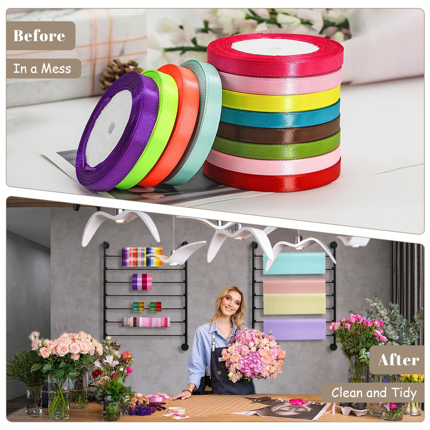Yonynise Ribbon Storage Organizer,Wall Mounted Ribbon Holder Rack,7 Tier Large Capacity Metal Ribbon Storage for Craft Room,Flower Shop,Cake Shop,Gift Wrapping Paper,Black