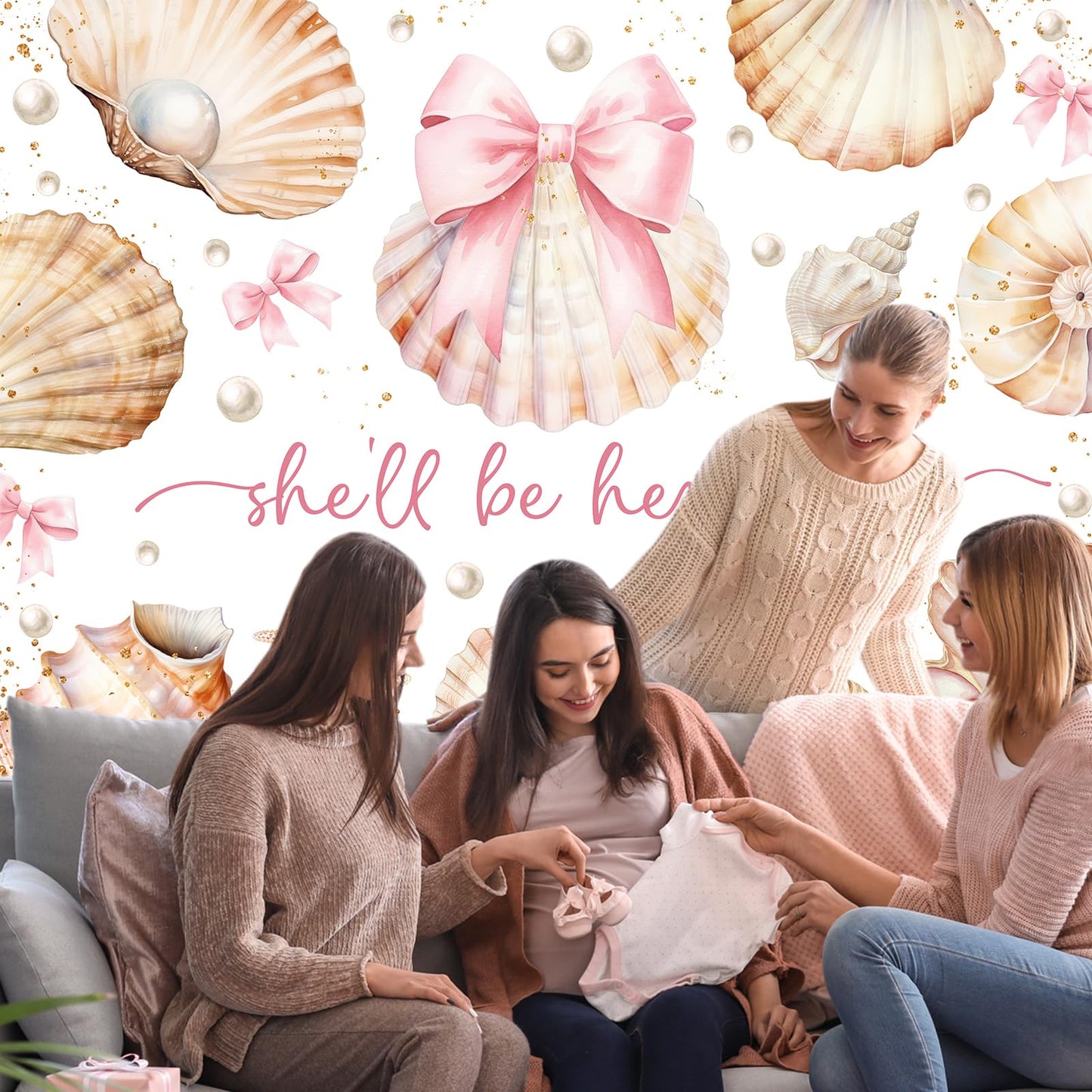 Bcuuipo Shell Themed Baby Shower Backdrop She'll Be Here Soon Pink Bowknot Pearl Seashell Photography Background for Girls Newborn Baby Shower Party Decoration Supplies Banner Photo Booth Props 7x5ft