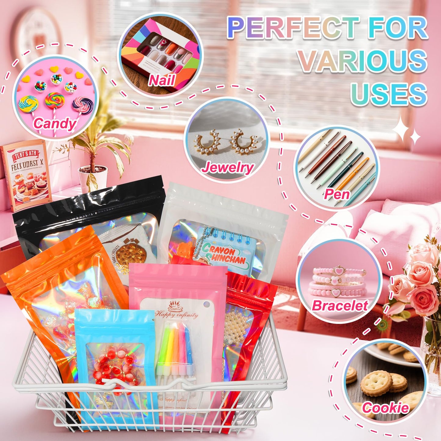 ANZNKU 100 Pack Holographic Mylar Bags, Smell Proof Sealable Packaging Bags with Clear Window for Small Business, Resealable Zip Bag for Candy Treat Jewelry Goodie Sample & Gifts (Black, 2.4 x 3.9 in)
