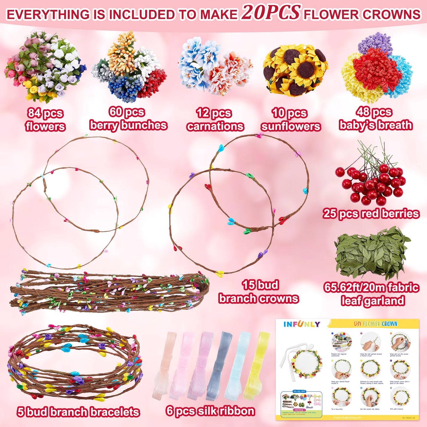 INFUNLY 261pcs/Set DIY Flower Crowns Making Kit Handmade Floral Crown Garland Kit Make Your Own Flower Wreath Bridal Shower Wreaths Gift for Women Wedding Home Decor