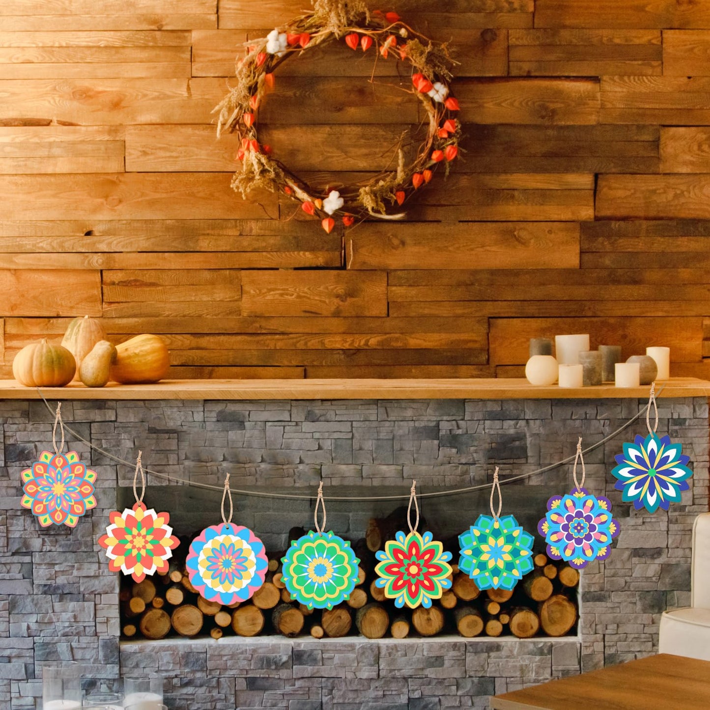 Blosssound 40 Pcs Unfinished Wood Mandala to Paint Wooden Mandala Painting Crafts Diwali Art Slices for Adult to Relax Painting DIY Crafts Ornament Wedding Home Decorations, 4 Inch(Fresh)