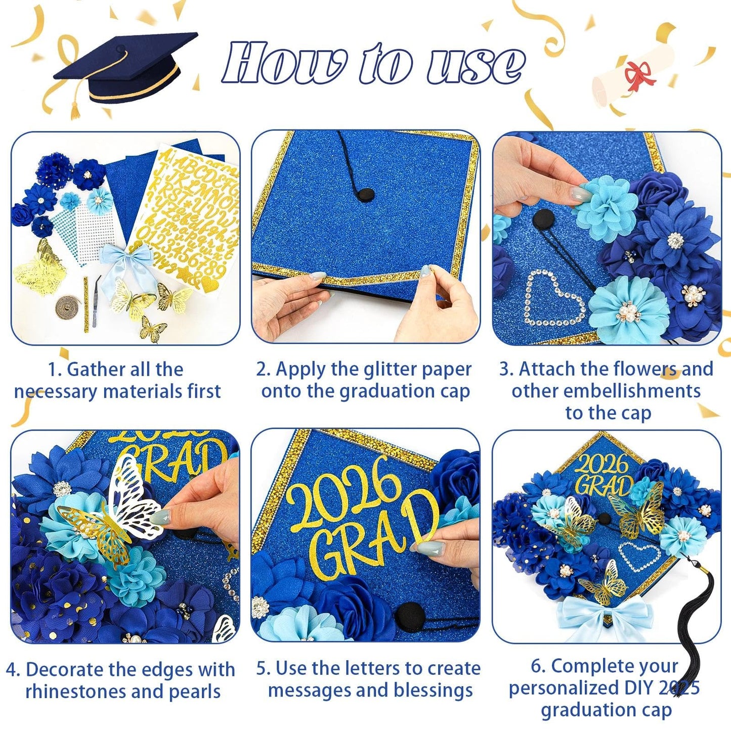 Graduation Cap Decorations Kit 2026 DIY Cap Decorations 36PCS Included Fake Flowers Heads Bow 3D Butterfly Self Adhesive Rhinestones Stickers Alphabet Letter Stickers for Grad Party Decor, Blue