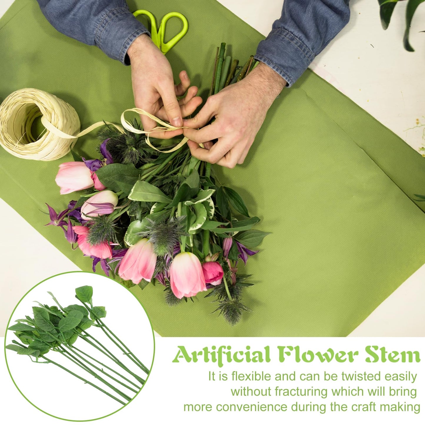 Tolare 120 Pcs Rose Stems with Leaves, Fake Flower Stems Artificial Plastic Floral Wire DIY Craft Supplies for Bouquet Making Wedding Party Home Decor Arrangement Tools