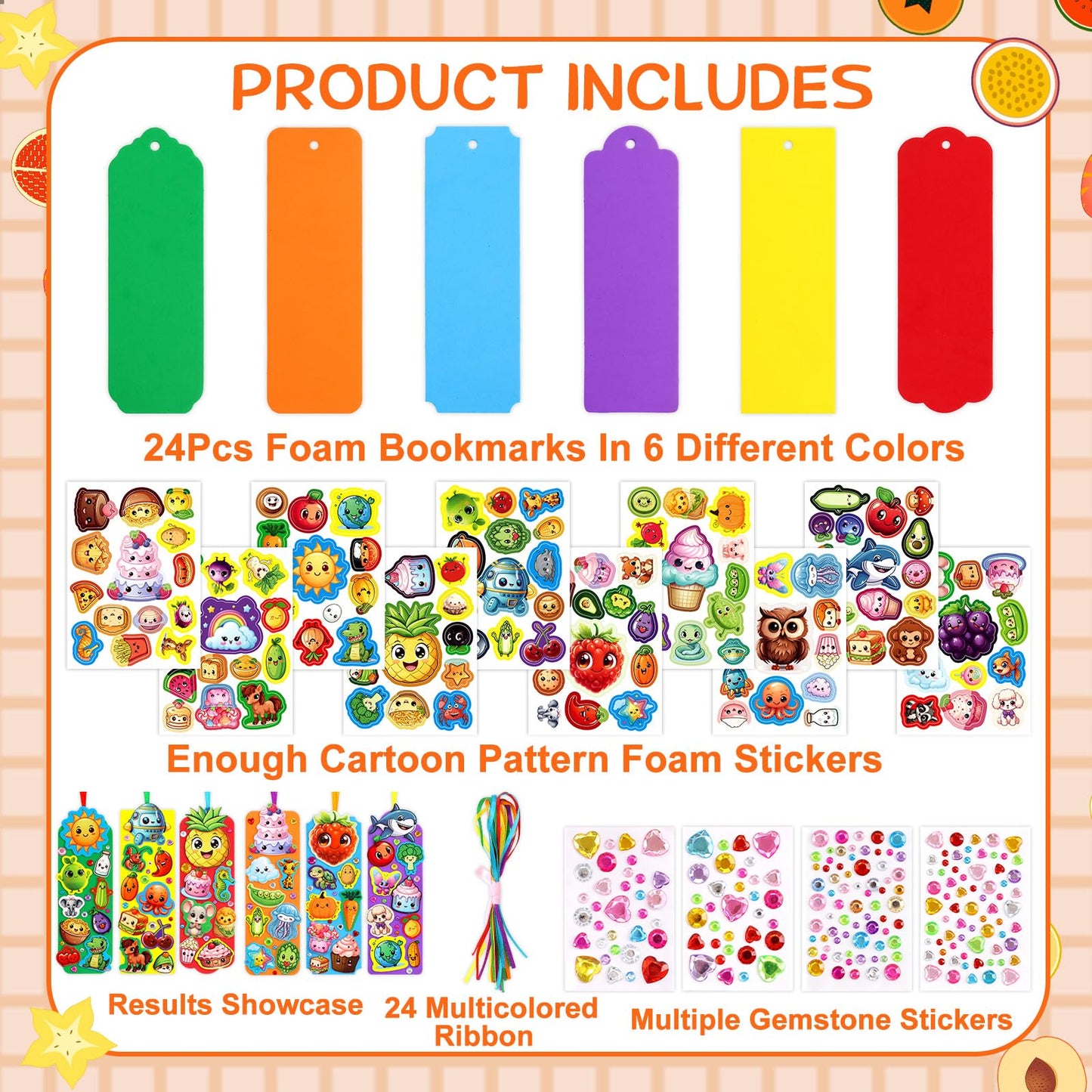 Treasure Cove Bookmark Craft Kits Kids DIY Bookmark Kit Foam Bookmarks Crafts Art Sets Fruits Sweet Treats Sun Ornaments Stickers for Kids Classroom Activities Rewards Party Favor 24 Pcs