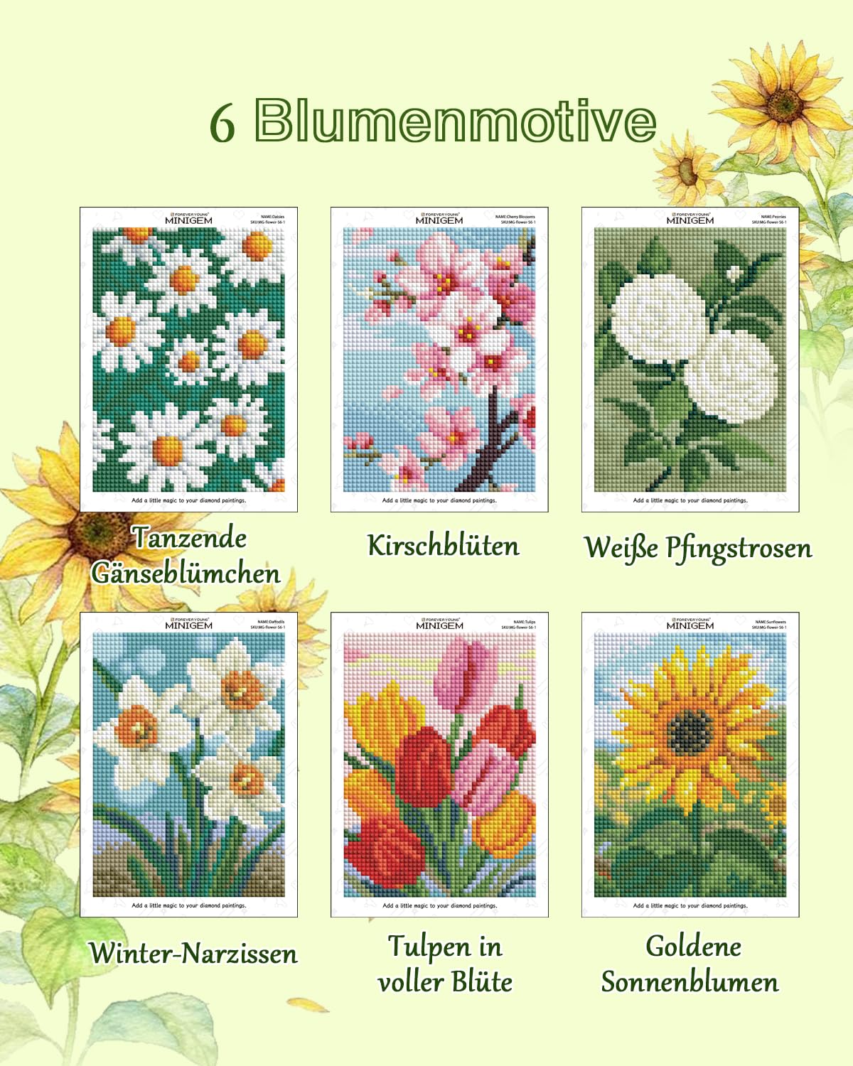 forever young Minigem Diamond Art Flowers Kits for Beginners, 6 Pcs Flower Resin Square Drill Diamond Painting Kits for Adults, 2-Hour Canvas Flower Small Diamond Art Kits for Adults (5x7 Inch)