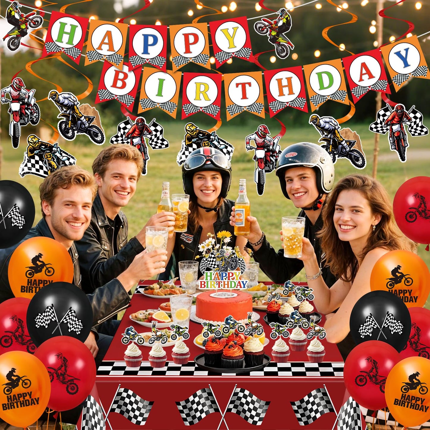 Dirt Bike Party Decorations Kit Motorcycle Theme Happy Birthday Banner Balloons Dirt Bike Hanging Swirls Tablecloth Cake Cupcake Toppers Decor for Boys Men Dirtbike Birthday Party Favors Supplies
