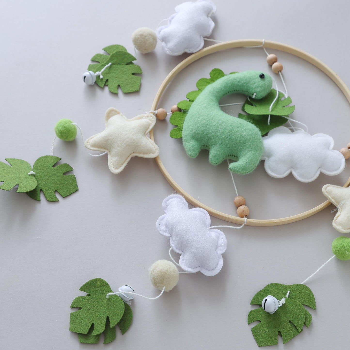 Mobile for Crib – Handmade Dinosaur Jungle Baby Mobile with Leaves & Stars, Baby Mobile for Crib Felt Hanging Toy Nursery Mobiles with Beech Wood Ring, Bassinet Mobile Dino Nursery Decor