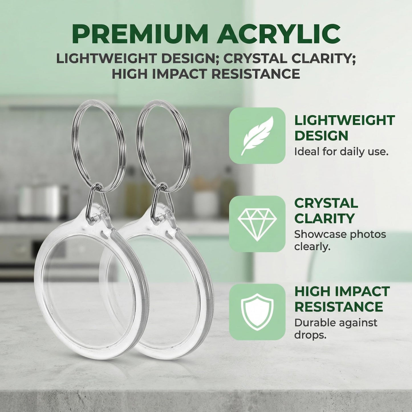 100pcs Circular Acrylic Keychain Blank, Round Clear Photo Keyring Insert for DIY Crafts, Transparent Picture Frame Holder for Wedding Bridal Party Favors & Small Business Branding