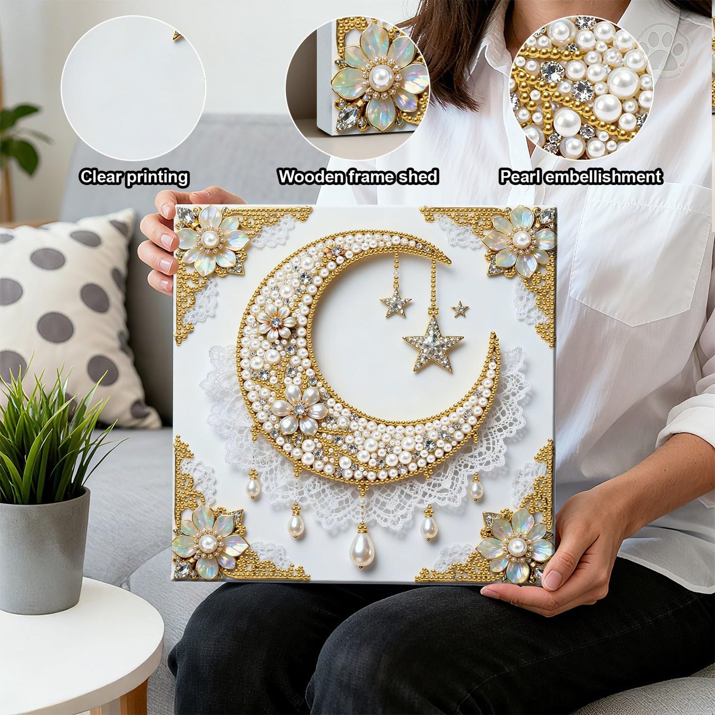 yzARTche Diamond Art Pearl Painting Kit, DIY Pearl Art Painting with White Frame, Handmade Gem Dot Picture Craft for Home Wall Decor Present Set-04-Moon