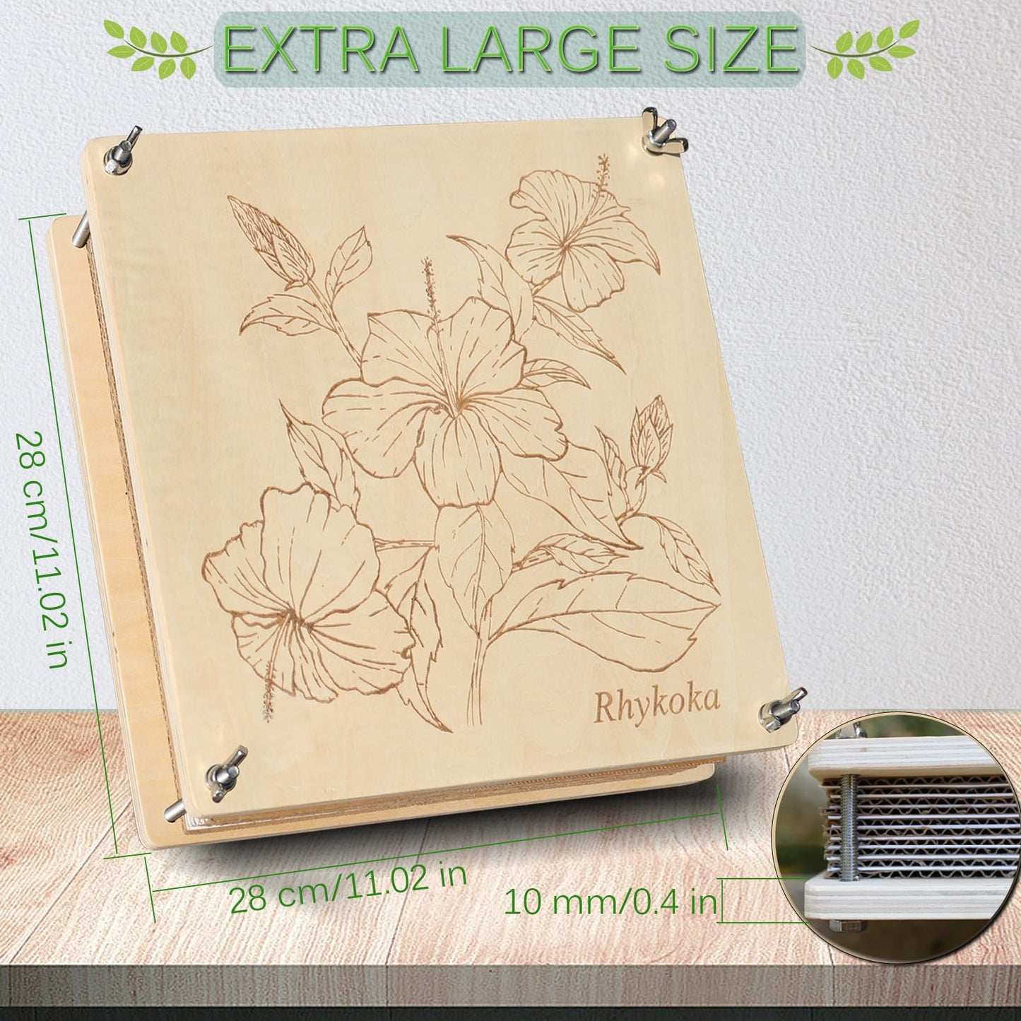 Rhykoka Large Flower Press,11x11 inch (28x28cm) 10 Layers Wooden Flower Pressing Kit for Adults with Storage Bag, Great Gift for DIY Flower Lovers (Wooden)