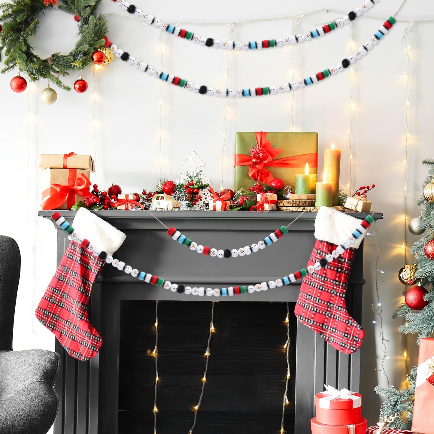 Amyhill 120 Pcs DIY Christmas Snowman Wooden Beads for Craft, Fuzzy Faux Fur Poms, Winter Wood Beads Buffalo Plaid Colorful Print with Twine, for Party Xmas Santa Tree Jewelry Home(Red Green Blue)
