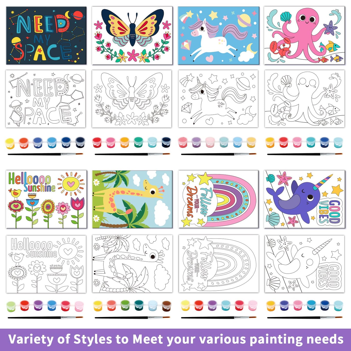 goldentime 8 Packs 5x7 Pre Drawn Canvas Set,Paint by Numbers for Kids,48 Paints 8 Brushes 2 Easels,Pre-Printed Acrylic Oil Painting Kit Ages 8-12 9-12 4-8