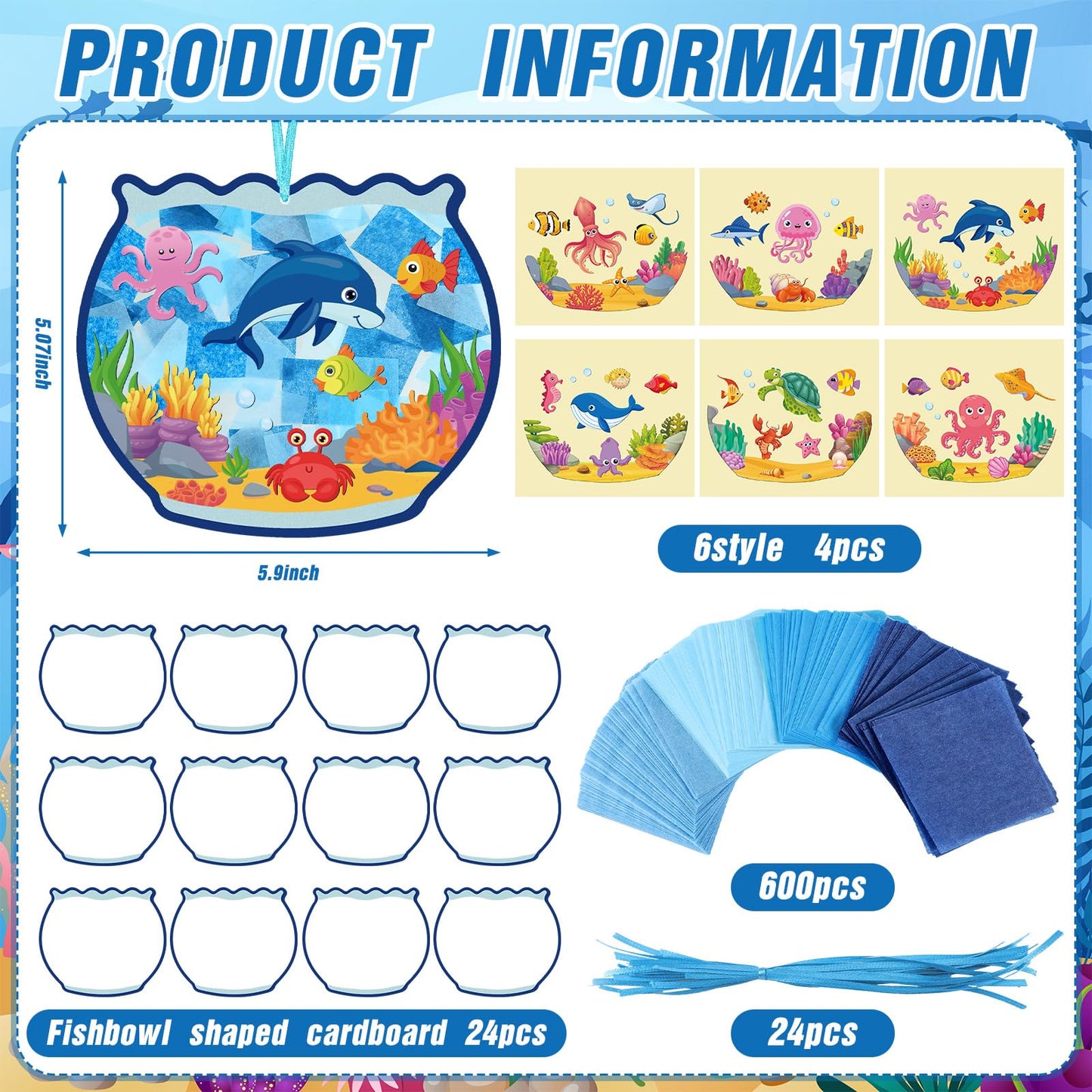 Supervitae 24 Sets Fishbowl Paper Crafts Kits Summer Crafts Sun Catchers Art Kits DIY Fish Tissue Paper Sign Make an Ocean Animals Worlds Stickers Scene for Window Activities Game Party Decor