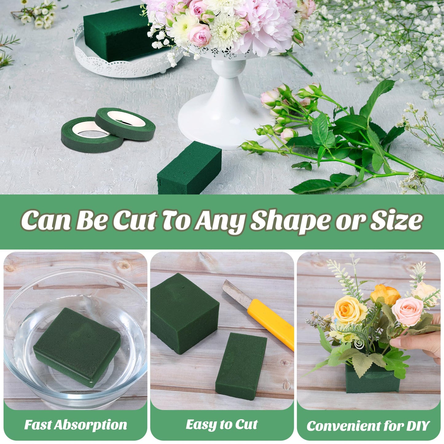 Aneco 8 Pieces Floral Foam Blocks Set Square Green Floral Foam with Floral Tape & Clear Cellophane Wrap for Fresh Artificial Flower DIY Arrangements Home Wedding Decor, 5.5 x 3.1 x 1.8 Inch