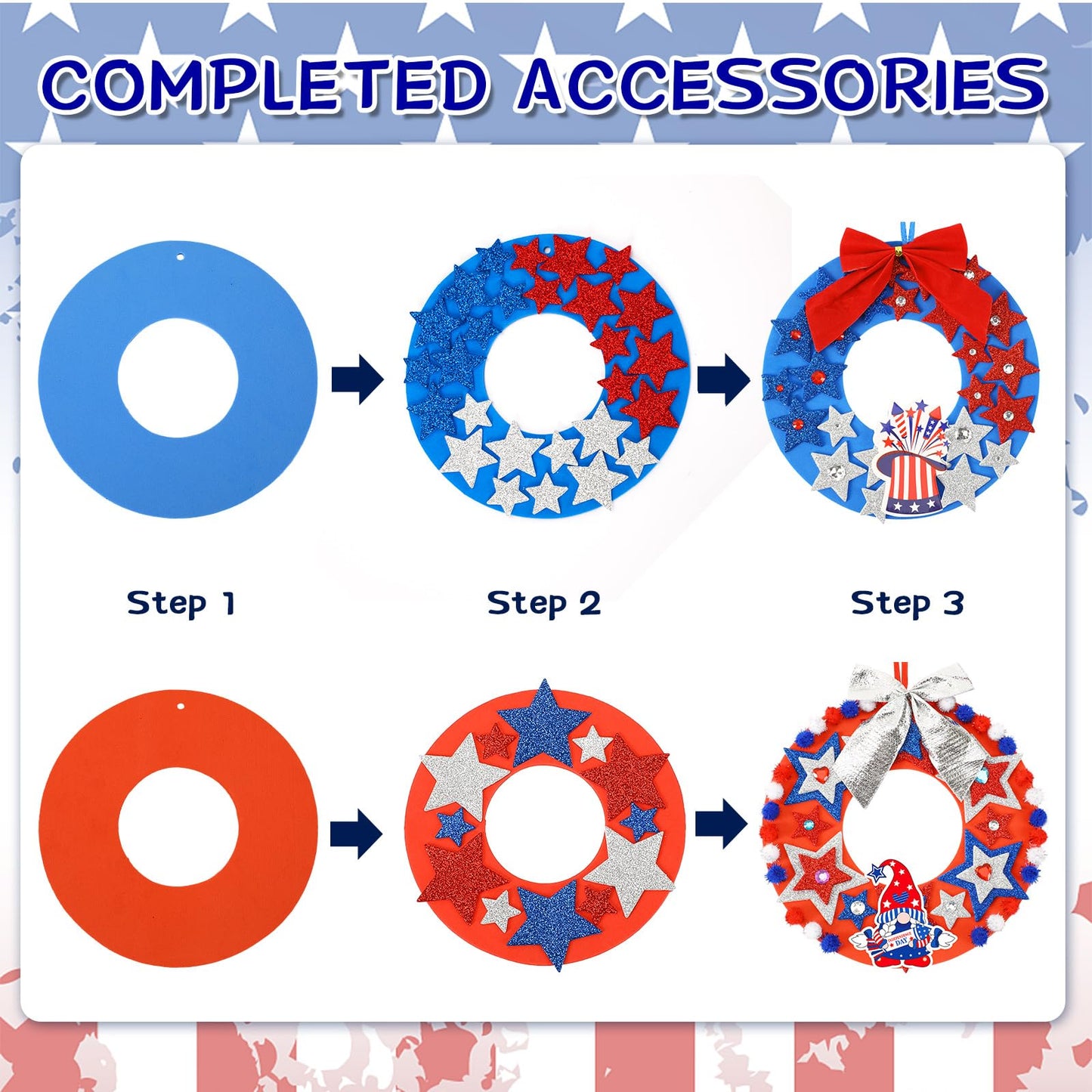 BOARDFEB 12 Sets 4th of July Crafts Kits DIY Patriotic Red White Blue Star Foam Wreath Signs Ornaments for Kids Independence Day Party Favors Gift Exchange Activities