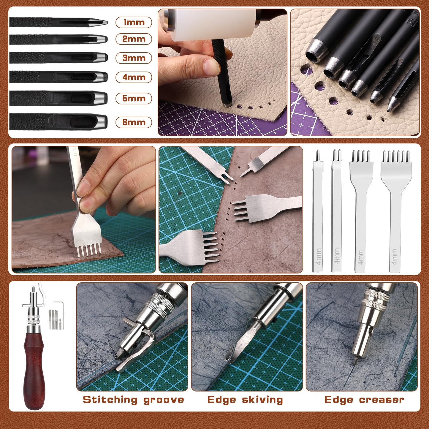 TLKKUE Leather Working Tool Leatherworking Tool Kit with Custom Storage Bag for Carving Punching Sewing Stamping, Essential Supplies for DIY Leather Crafts