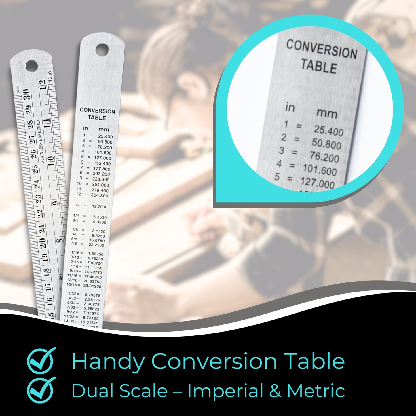 NOKKO Metal Ruler 12 Inch - Pack of 10 - Measuring Set of 12-Inch / 30 cm Stainless Steel Rulers with Imperial & Metric Measurements & Conversion Table - Metal Straight Edge Ruler for Cutting